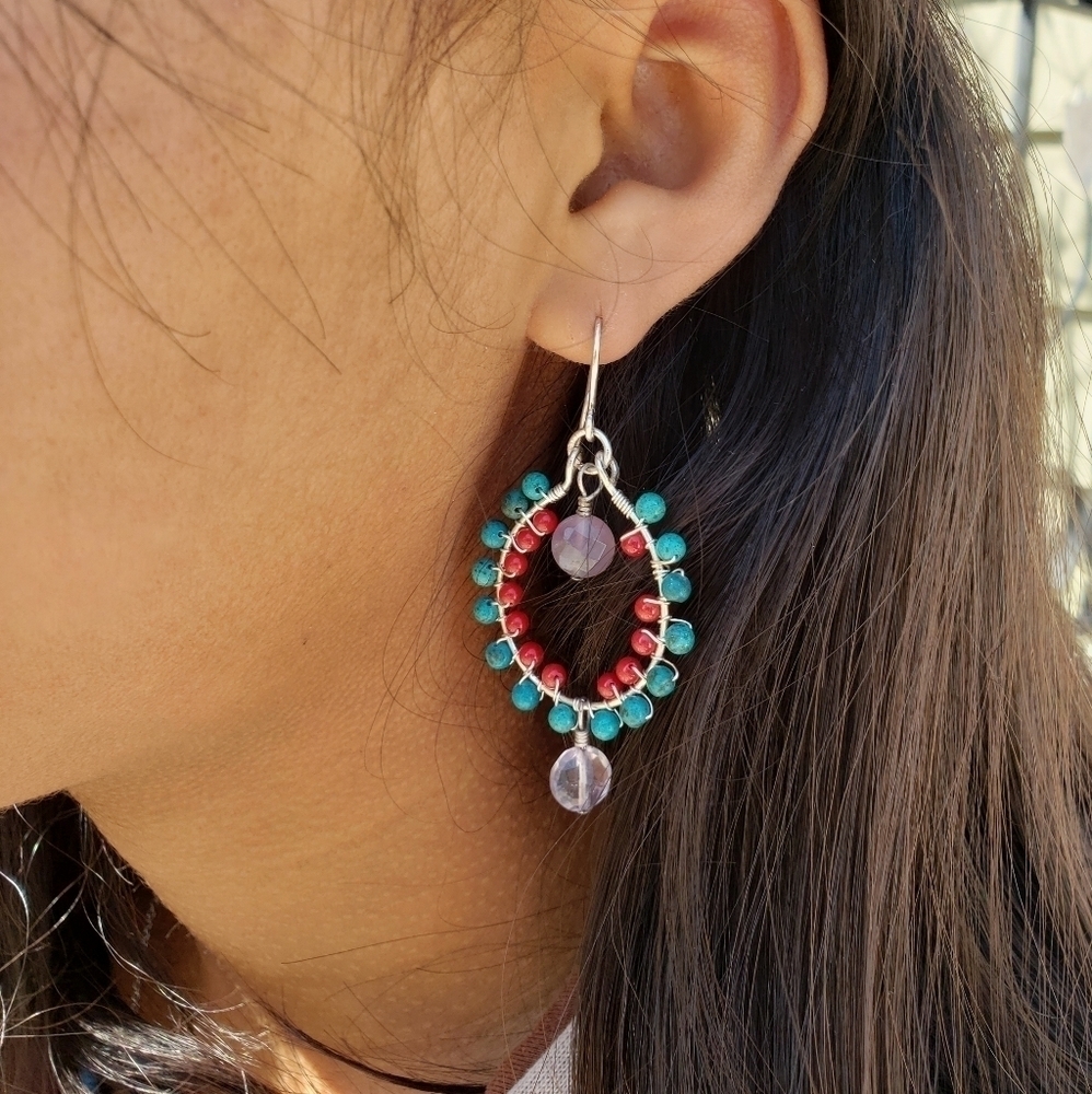 Handmade new silver plated wire with  coral, Turquoise and amethyst